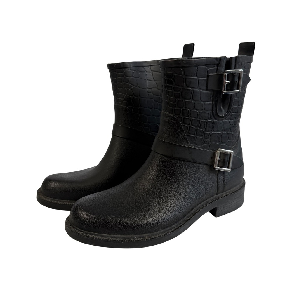 Sam Edelman Keigan Womens 8‎ Black Buckle Rubber Croc Embossed Rain Boots